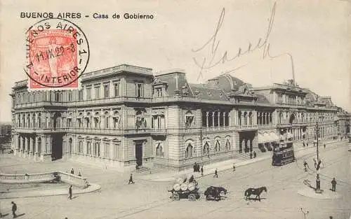 L127 Argentinien 1922 Buenos Aires Casa de Gobierno Straßenbahn Kutsche Vintage Postkarte