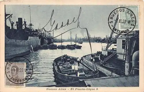 L127 Argentinien 1922 Buenos Aires El Puerto Dique 3 Schiffe Boote Vintage Postkarte