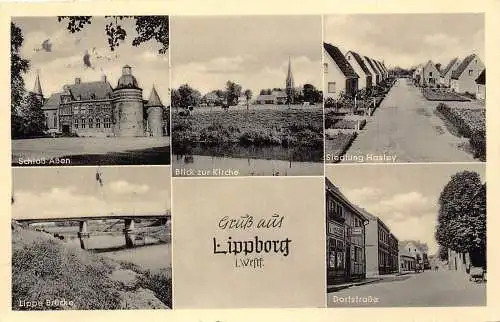 L088 Deutschland 1950 Gruss aus Lippborg Kirchenbrücke Straße Schloss Vintage Postkarte