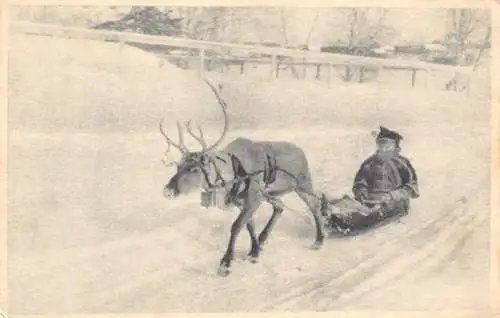Finnland Kind Rentier zieht Schlitten Ethno Vintage Postkarte