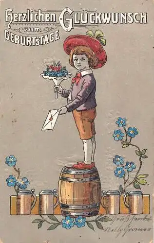 L402 Geburtstagsgrüße 1911 Junge Blumen Fass Bier Dosen Glück Vintage Postkarte