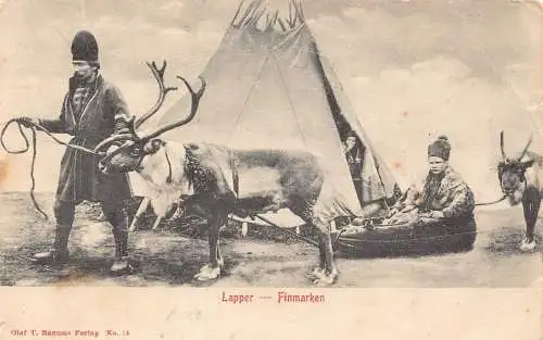 Norwegen Lapper - Finmarken Rentier Schlitten Ethno Vintage Postkarte