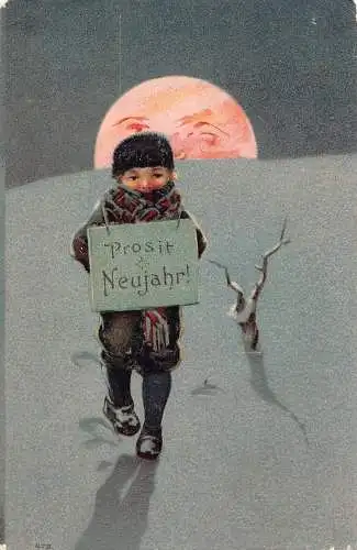 L402 Neujahrsgrüße 1905 Junge vermenschlicht Sonne Glück geprägt Vintage Postkarte