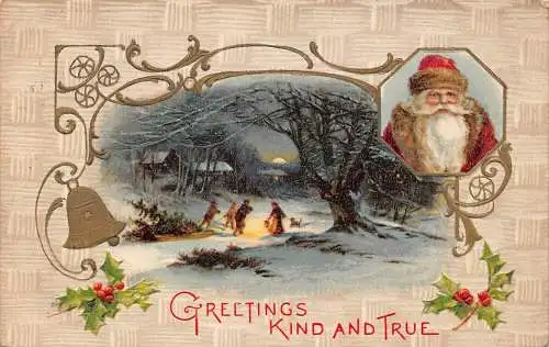 A047 Weihnachtsgruß Mistelglocke Weihnachtsmann pflegender Baum geprägt Postkarte