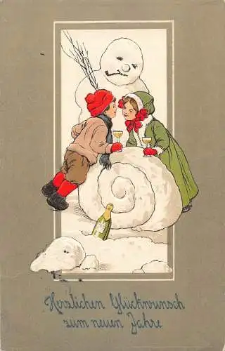 L402 Neujahrsgrüße 1913 Humanisierter Schneemann rauchende Pfeife Kinder Postkarte