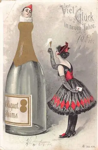 L402 Neujahrsgrüße 1903 Fee Pierrot Champagnerflasche Cliquot Postkarte