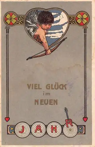 L402 Neujahrsgrüße Amor Bogenschießen Pfeil Glück Vintage Postkarte