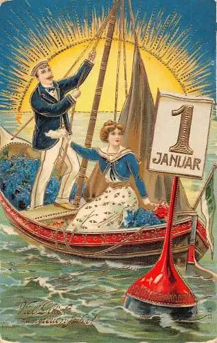 L402 Neujahrsgrüße Paar Boot Sonne Blumen Glück Vintage Postkarte