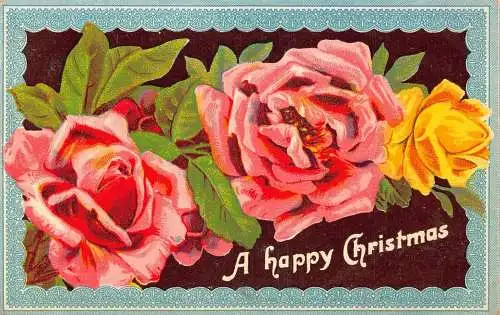 A047 Frohe Weihnachtsgrüße Rosen blaue Ränder Vintage Postkarte