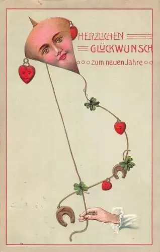 L402 Neujahrsgrüße 1909 Dame Drachen Kleeblatt Herzen Hufeisen Glück Postkarte