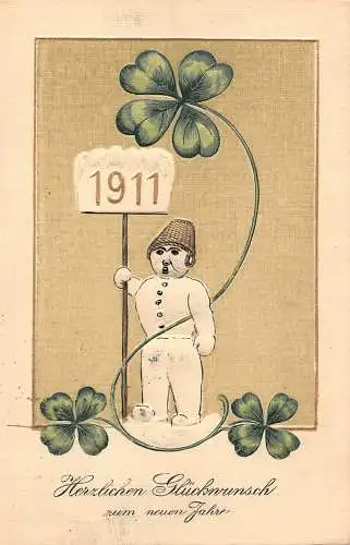 L402 Neujahrsgrüße 1910 Humanisierter Schneemann Kleeblatt Glück Prägepostkarte