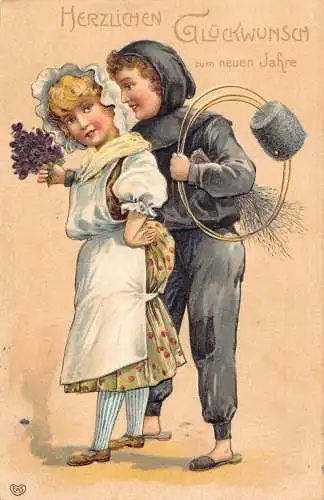 L402 Neujahrsgrüße 1907 Schornsteinfeger Mädchen Blumen Glück geprägte Postkarte