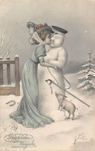 L402 Neujahrsgrüße 1921 Humanisierter Schneemann Kuss Mädchen Hufeisen Schwein Postkarte