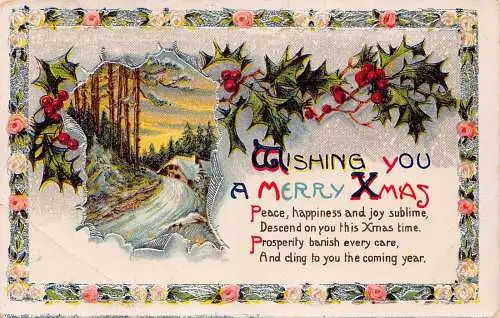 A047 Weihnachtsgrüße Hütte Bäume Schnee Mistel Rosen Gedicht Silber Postkarte