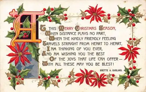 A047 Weihnachtsgrüße Gedicht Weihnachtsstern Blumen Mistel geprägte Postkarte