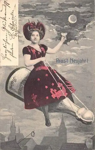 L402 Neujahrsgrüße 1905 Dame reitet Champgne Flasche Glück Vintage Postkarte