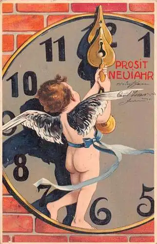 L402 Neujahrsgrüße 1905 Cherub Amor Uhr Fantasie Postkarte