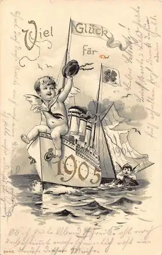 L402 Neujahrsgrüße 1904 Amor Cherub winken Schiff Glück Postkarte