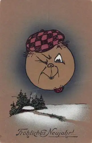 L402 Neujahrsgrüße 1914 Humanisierter Mond Marienkäfer Winterlandschaft Postkarte