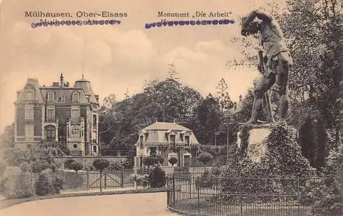 A045 Frankreich Elsass Mulhouse Denkmal Die Arbeit Statue Postkarte