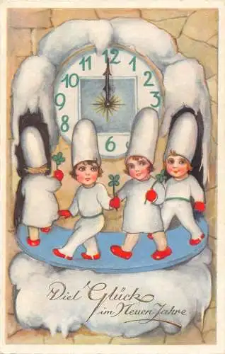 L402 Neujahrsgrüße Kinder Kleeblatt Uhr Glück Vintage Postkarte