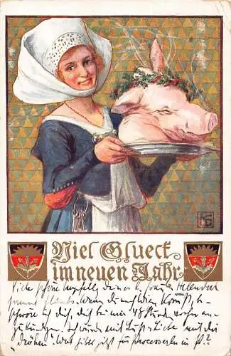 L402 Neujahrsgrüße 1910 Dame hält Schweinekopf auf Teller Glückspostkarte