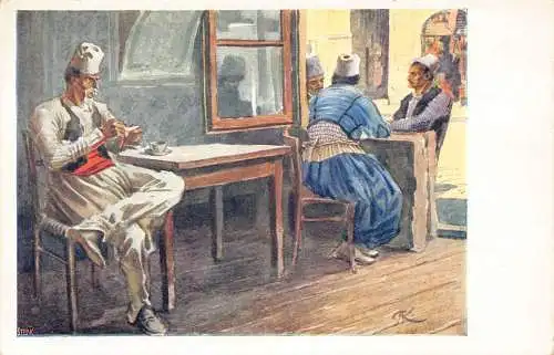 A854 Kroatien Typen des Ragusa Kunst von A Kaspar Dubrovnik Männer in Taverne Postkarte