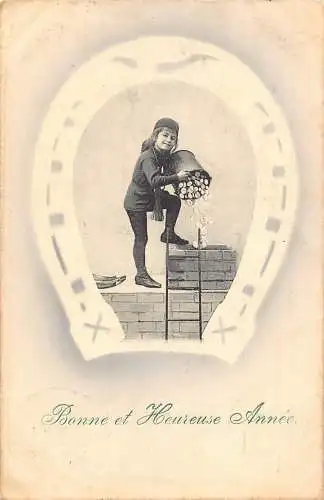 L302 Neujahrsgrüße 1910 Schornsteinfeger Münzen Geld Hufeisen Glück Postkarte
