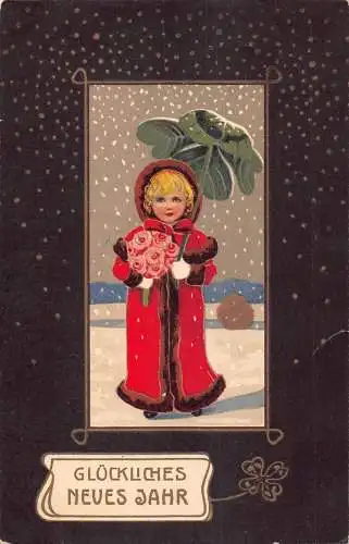 L403 Neujahrsgrüße 1905 Mädchen Rosen Kleeblatt Glück Vintage Postkarte