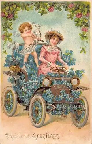 L302 Weihnachtsgrüße Dame fährt Blumenauto Amor Shamroc geprägte Postkarte