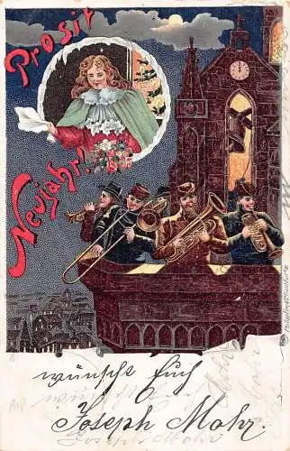 L403 Neujahrsgrüße 1901 Orchester singende Blumen Mitternacht Litho Postkarte