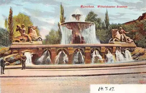 A043 Deutschland München Wittelsbacher Brunnen Brunnen Litho Vintage Postkarte