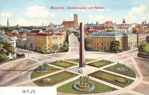 A043 Deutschland München München Karolinenplatz Obelisk Litho Vintage Postkarte