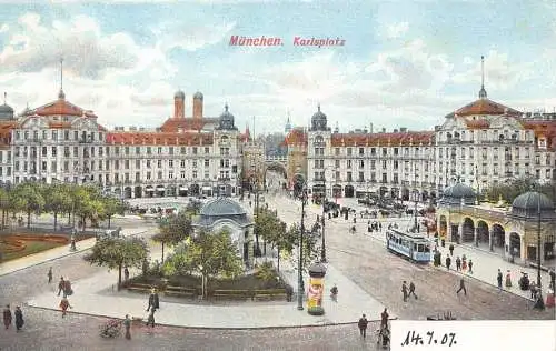 A043 Deutschland München Karlsplatz Straßenbahnplatz Litho Vintage Postkarte