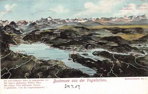 A043 Deutschland Bodensee aus der Vogelschau Gedicht Berggipfel See Postkarte