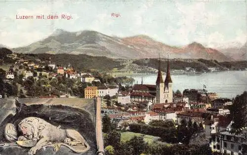 A041 Schweiz Luzern mit Rigi Löwe Wappen Vintage Postkarte