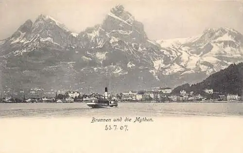 A041 Schweiz Brunnen und die Mythen Dampfer Berge Vintage Postkarte