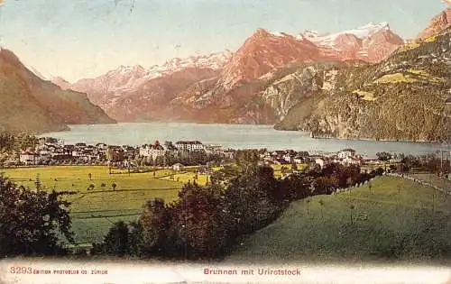 A040 Schweiz 1906 Brunnen mit Urirotstock Vintage Postkarte