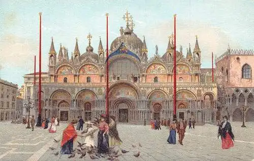 A039 Italien Venezia Piazza San Marco Tauben Menschen Künstlerkarte Vintage Postkarte