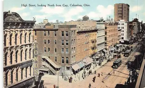 A862 US High Street Columbus Ohio Geschäfte Straßenbahnen Anleihen Schild Postkarte