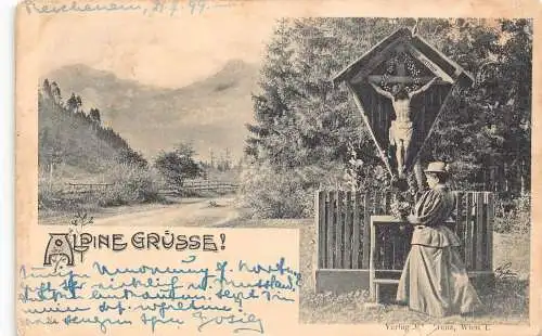 A863 Österreich 1899 Apine Grüesse Kreuz Frau bietet Blumen Postkarte