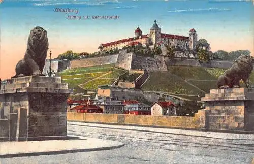 L262 Deutschland 1916 Würzburg Festung mit Ludwigsbrücke Vintage Postkarte