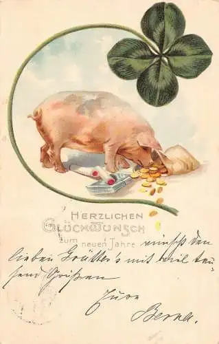 L302 Neujahrsgrüße 1906 Schwein Kleeblatt Geld Glück Vintage Postkarte