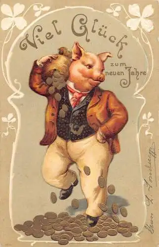 L302 Neujahrsgrüße Humanisiertes Schwein mit Münztüte floral geprägte Postkarte