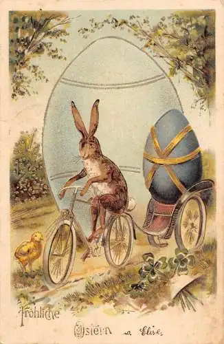 L302 Ostergrüße 1905 Vermenschlichter Hase Fahrrad fahren Ei geprägte Postkarte