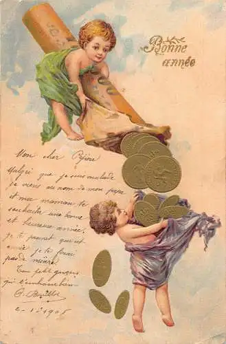 L302 Neujahrsgrüße 1905 Kinder Goldmünzen Glück geprägt Vintage Postkarte