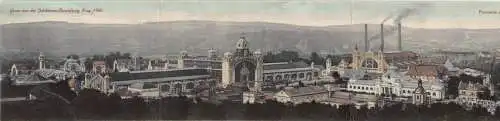 A854 Tschechien 1908 Gruss aus Jubiläen Auss Prag Industrie Panorama Postkarte