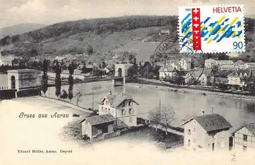 L298 Schweiz Gruss aus Aarauer Brücke Panoramablick Vintage Postkarte.