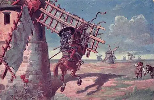 A860 Kunst Don Quijote de la Mancha Schlacht mit Windmühlen Szene Vintage Postkarte