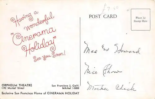 A861 US Orpheum Theatre San Francisco 2nd Cinerama Presentation Advert Postcard